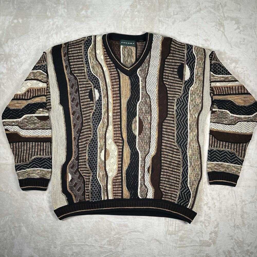 VTG Tundra Canada Sweater Brown Cosby V Neck 3D Knit Streetwear Men’s Size XL
